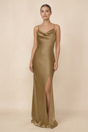 Sheath Cowl Neck Satin Bridesmaid Dress With Slit in Apple Cinnamon - KISS BRIDAL Bridesmaid Dresses