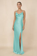 Sheath Cowl Neck Satin Bridesmaid Dress With Slit in Aqua - KISS BRIDAL Bridesmaid Dresses