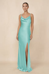 Sheath Cowl Neck Satin Bridesmaid Dress With Slit in Aqua - KISS BRIDAL Bridesmaid Dresses