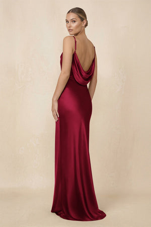 Sheath Cowl Neck Satin Bridesmaid Dress With Slit in Berry - KISS BRIDAL Bridesmaid Dresses