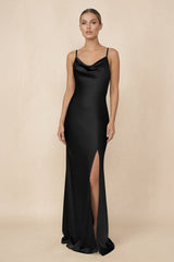 Sheath Cowl Neck Satin Bridesmaid Dress With Slit in Black - KISS BRIDAL Bridesmaid Dresses