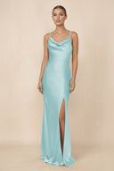 Sheath Cowl Neck Satin Bridesmaid Dress With Slit in Bleached Aqua - KISS BRIDAL Bridesmaid Dresses