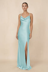 Sheath Cowl Neck Satin Bridesmaid Dress With Slit in Bleached Aqua - KISS BRIDAL Bridesmaid Dresses