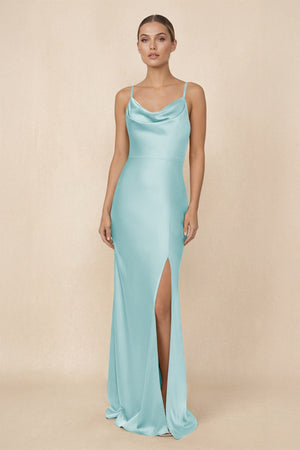 Sheath Cowl Neck Satin Bridesmaid Dress With Slit in Bleached Aqua - KISS BRIDAL Bridesmaid Dresses