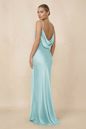 Sheath Cowl Neck Satin Bridesmaid Dress With Slit in Bleached Aqua - KISS BRIDAL Bridesmaid Dresses