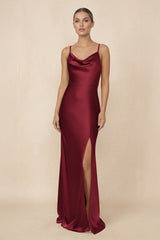 Sheath Cowl Neck Satin Bridesmaid Dress With Slit in Burgundy - KISS BRIDAL Bridesmaid Dresses
