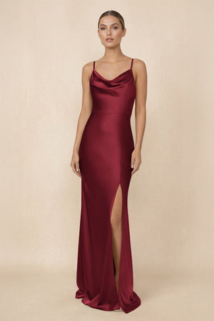 Sheath Cowl Neck Satin Bridesmaid Dress With Slit in Burgundy - KISS BRIDAL Bridesmaid Dresses