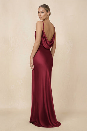 Sheath Cowl Neck Satin Bridesmaid Dress With Slit in Burgundy - KISS BRIDAL Bridesmaid Dresses