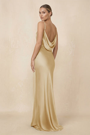 Sheath Cowl Neck Satin Bridesmaid Dress With Slit in Champagne - KISS BRIDAL Bridesmaid Dresses