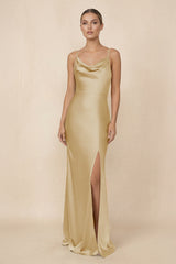 Sheath Cowl Neck Satin Bridesmaid Dress With Slit in Champagne - KISS BRIDAL Bridesmaid Dresses