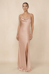 Sheath Cowl Neck Satin Bridesmaid Dress With Slit in Champagne Rose - KISS BRIDAL Bridesmaid Dresses