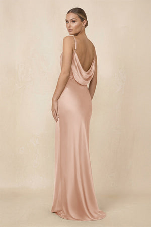 Sheath Cowl Neck Satin Bridesmaid Dress With Slit in Champagne Rose - KISS BRIDAL Bridesmaid Dresses