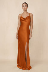 Sheath Cowl Neck Satin Bridesmaid Dress With Slit in Cinnamon - KISS BRIDAL Bridesmaid Dresses