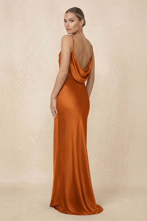 Sheath Cowl Neck Satin Bridesmaid Dress With Slit in Cinnamon - KISS BRIDAL Bridesmaid Dresses