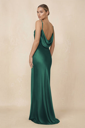 Sheath Cowl Neck Satin Bridesmaid Dress With Slit in Dark Green - KISS BRIDAL Bridesmaid Dresses