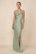 Sheath Cowl Neck Satin Bridesmaid Dress With Slit in Dove Gray - KISS BRIDAL Bridesmaid Dresses