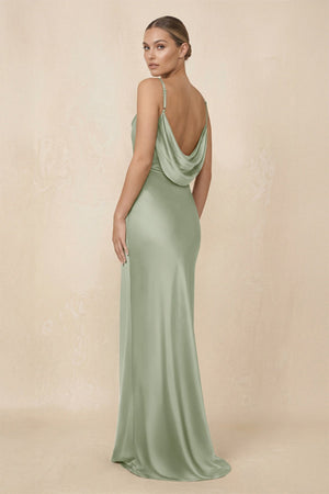 Sheath Cowl Neck Satin Bridesmaid Dress With Slit in Dove Gray - KISS BRIDAL Bridesmaid Dresses