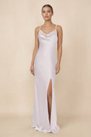 Sheath Cowl Neck Satin Bridesmaid Dress With Slit in Dusk - KISS BRIDAL Bridesmaid Dresses