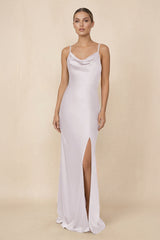 Sheath Cowl Neck Satin Bridesmaid Dress With Slit in Dusk - KISS BRIDAL Bridesmaid Dresses