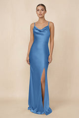 Sheath Cowl Neck Satin Bridesmaid Dress With Slit in Dusty Blue - KISS BRIDAL Bridesmaid Dresses
