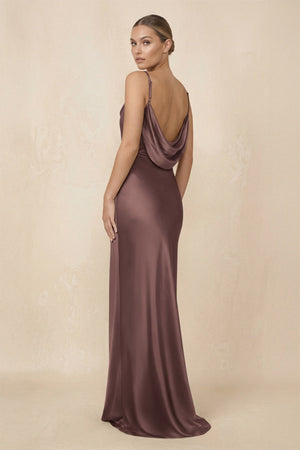Sheath Cowl Neck Satin Bridesmaid Dress With Slit in Espresso - KISS BRIDAL Bridesmaid Dresses