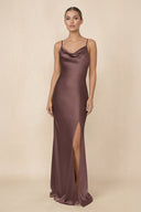 Sheath Cowl Neck Satin Bridesmaid Dress With Slit in Espresso - KISS BRIDAL Bridesmaid Dresses