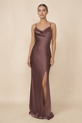 Sheath Cowl Neck Satin Bridesmaid Dress With Slit in Espresso - KISS BRIDAL Bridesmaid Dresses