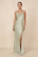 Sheath Cowl Neck Satin Bridesmaid Dress With Slit in Frost - KISS BRIDAL Bridesmaid Dresses