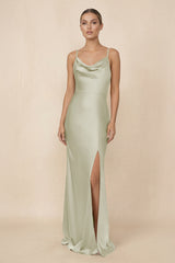 Sheath Cowl Neck Satin Bridesmaid Dress With Slit in Frost - KISS BRIDAL Bridesmaid Dresses