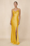 Sheath Cowl Neck Satin Bridesmaid Dress With Slit in Gold - KISS BRIDAL Bridesmaid Dresses