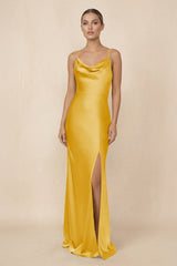 Sheath Cowl Neck Satin Bridesmaid Dress With Slit in Gold - KISS BRIDAL Bridesmaid Dresses