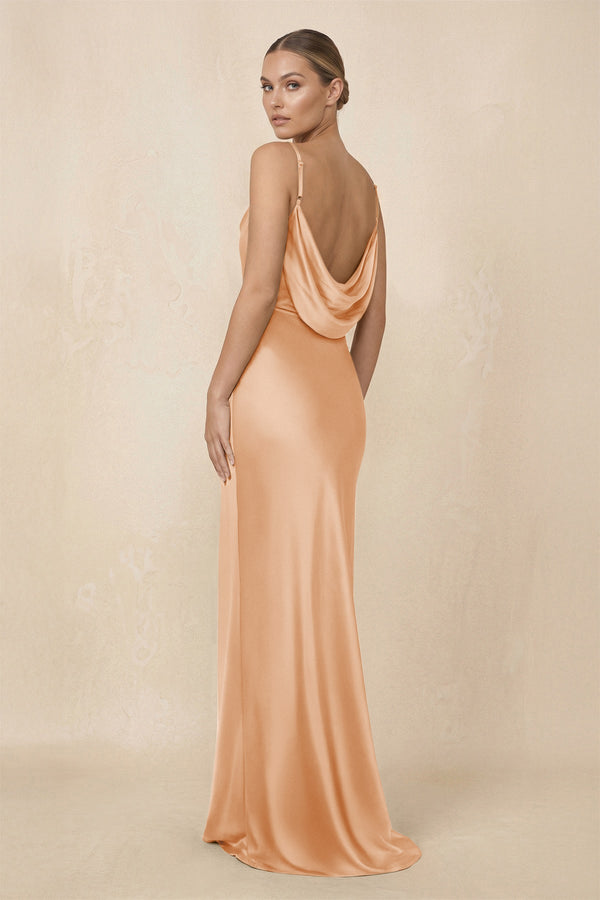 Sheath Cowl Neck Satin Bridesmaid Dress With Slit in Golden Champagne - KISS BRIDAL Bridesmaid Dresses