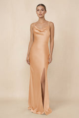 Sheath Cowl Neck Satin Bridesmaid Dress With Slit in Golden Champagne - KISS BRIDAL Bridesmaid Dresses