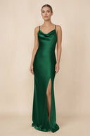 Sheath Cowl Neck Satin Bridesmaid Dress With Slit in Green - KISS BRIDAL Bridesmaid Dresses