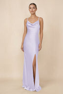 Sheath Cowl Neck Satin Bridesmaid Dress With Slit in Lavender - KISS BRIDAL Bridesmaid Dresses