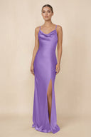 Sheath Cowl Neck Satin Bridesmaid Dress With Slit in Lilac - KISS BRIDAL Bridesmaid Dresses