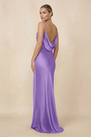 Sheath Cowl Neck Satin Bridesmaid Dress With Slit in Lilac - KISS BRIDAL Bridesmaid Dresses
