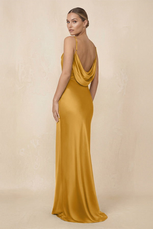 Sheath Cowl Neck Satin Bridesmaid Dress With Slit in Marigold
