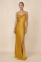 Sheath Cowl Neck Satin Bridesmaid Dress With Slit in Marigold - KISS BRIDAL Bridesmaid Dresses