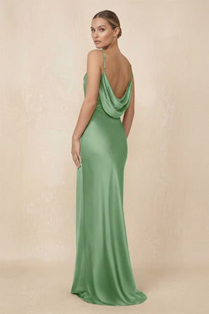Sheath Cowl Neck Satin Bridesmaid Dress With Slit in Matcha - KISS BRIDAL Bridesmaid Dresses