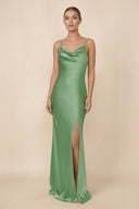 Sheath Cowl Neck Satin Bridesmaid Dress With Slit in Matcha - KISS BRIDAL Bridesmaid Dresses
