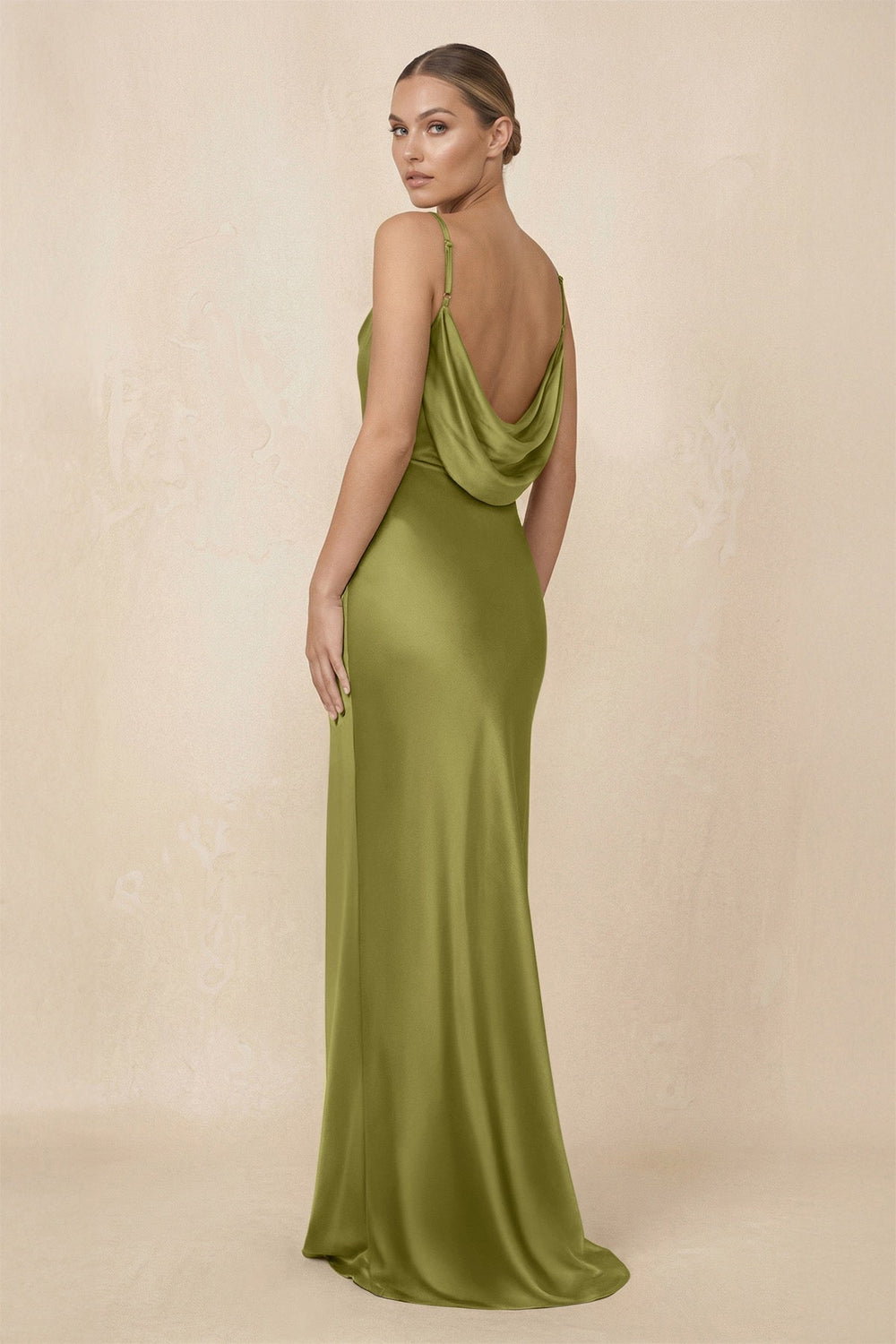 Sheath Cowl Neck Satin Bridesmaid Dress With Slit in Moss Green - KISS BRIDAL Bridesmaid Dresses