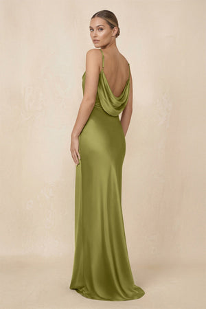 Sheath Cowl Neck Satin Bridesmaid Dress With Slit in Moss Green - KISS BRIDAL Bridesmaid Dresses