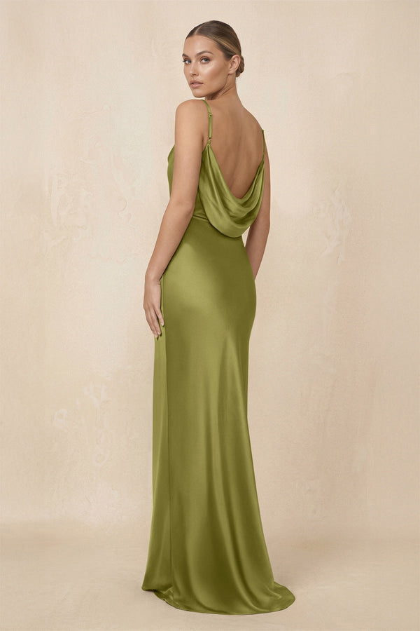 Sheath Cowl Neck Satin Bridesmaid Dress With Slit in Moss Green - KISS BRIDAL Bridesmaid Dresses