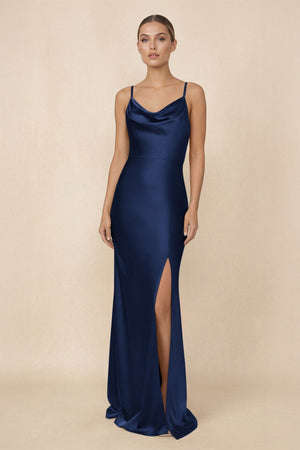 Sheath Cowl Neck Satin Bridesmaid Dress With Slit in Navy - KISS BRIDAL Bridesmaid Dresses