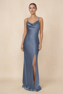 Sheath Cowl Neck Satin Bridesmaid Dress With Slit in Neptune - KISS BRIDAL Bridesmaid Dresses