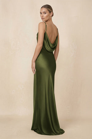 Sheath Cowl Neck Satin Bridesmaid Dress With Slit in Olive - KISS BRIDAL Bridesmaid Dresses