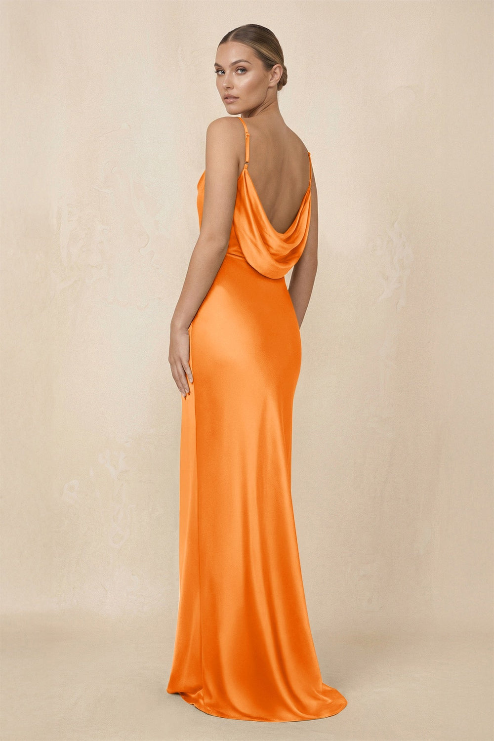 Sheath Cowl Neck Satin Bridesmaid Dress With Slit in Orange - KISS BRIDAL Bridesmaid Dresses