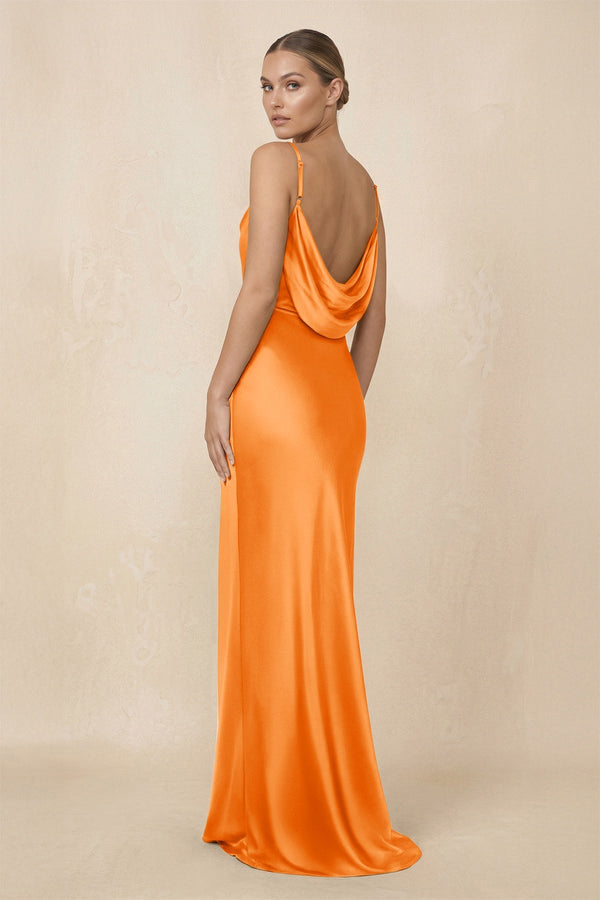 Sheath Cowl Neck Satin Bridesmaid Dress With Slit in Orange - KISS BRIDAL Bridesmaid Dresses