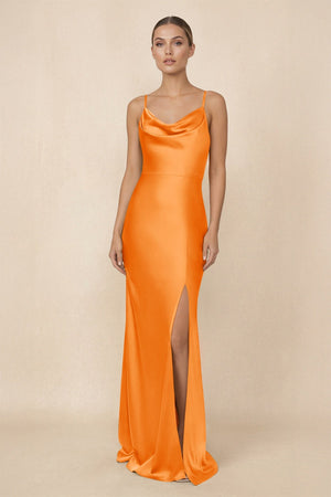 Sheath Cowl Neck Satin Bridesmaid Dress With Slit in Orange - KISS BRIDAL Bridesmaid Dresses